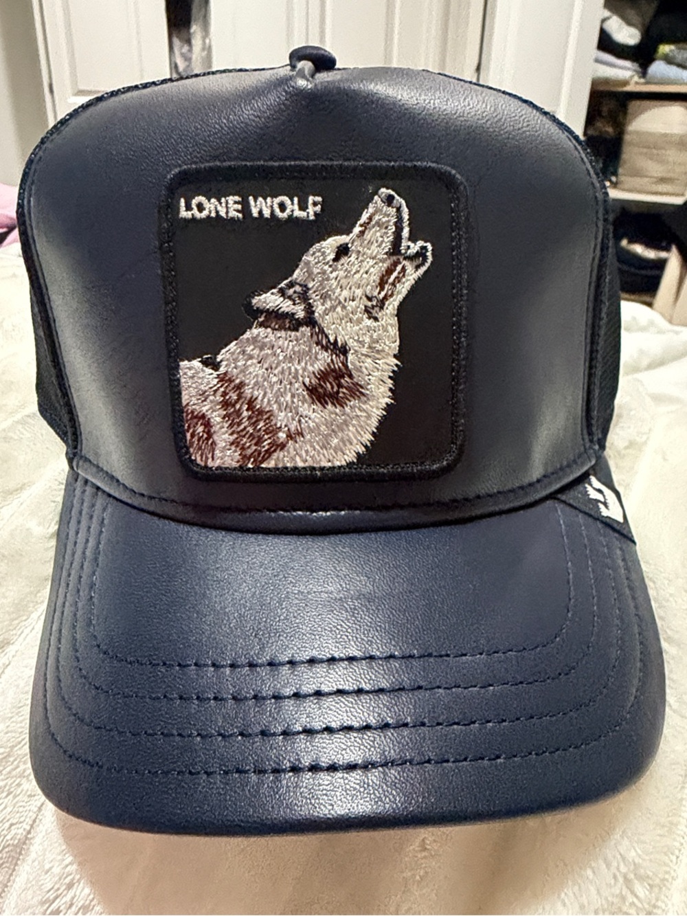 Goorin Bros Lone Wolf Navy Faux Leather Trucker Cap